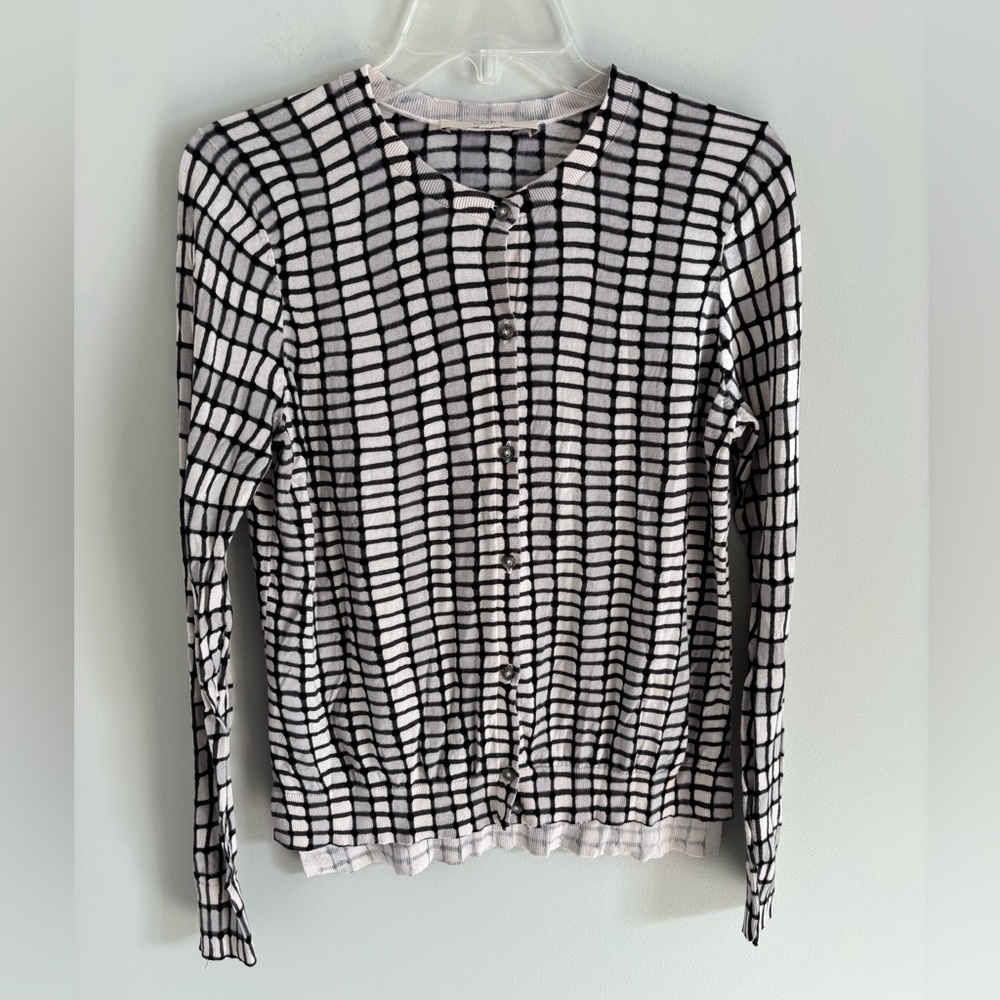 Loft Womens Black White Grid Pattern Cardigan Sweater Size Medium